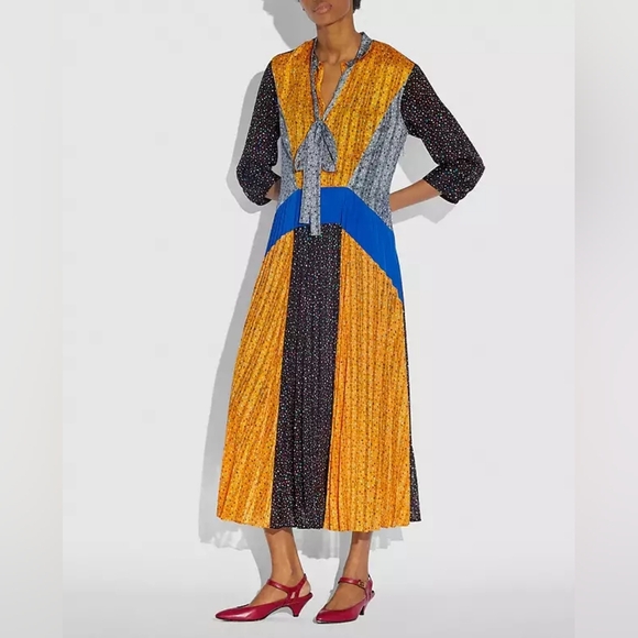 Coach Dresses & Skirts - COACH Pleated Tie Dress Style No. 2075 Colorblock Midi Dress - Pockets, Neck Tie